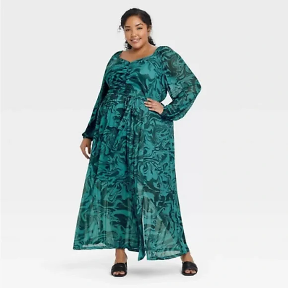 Women's Plus Size Balloon Long Sleeve Cinched Mesh Dress - Ava & Viv Blue Swirl 4x Women's Plus Size Balloon Long Sleeve Cinched Mesh Dress - Ava & Viv Blue Swirl 4x
